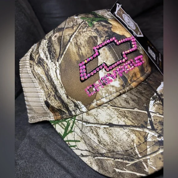 Chevy Bling Camo Cap Hot Pink Iridescent Rhinestones Size OSFM New!